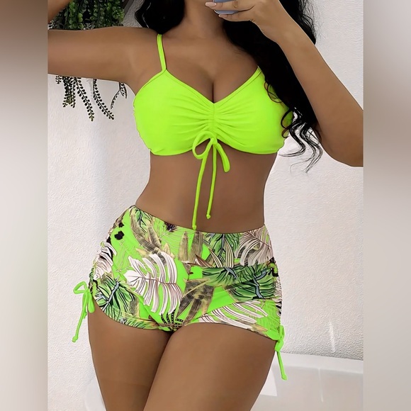 Neon Green Drawstring V Neck/Side Tie Boxer Shorts 2Pc Bikini Set - Picture 1 of 6